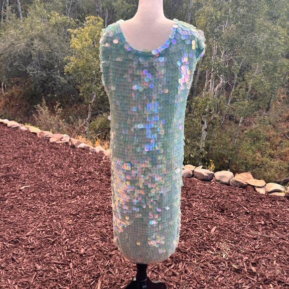 Vintage Norma Kamali dress sequined sequin teal Turquoise mermaid sz L paillete - Picture 8 of 17